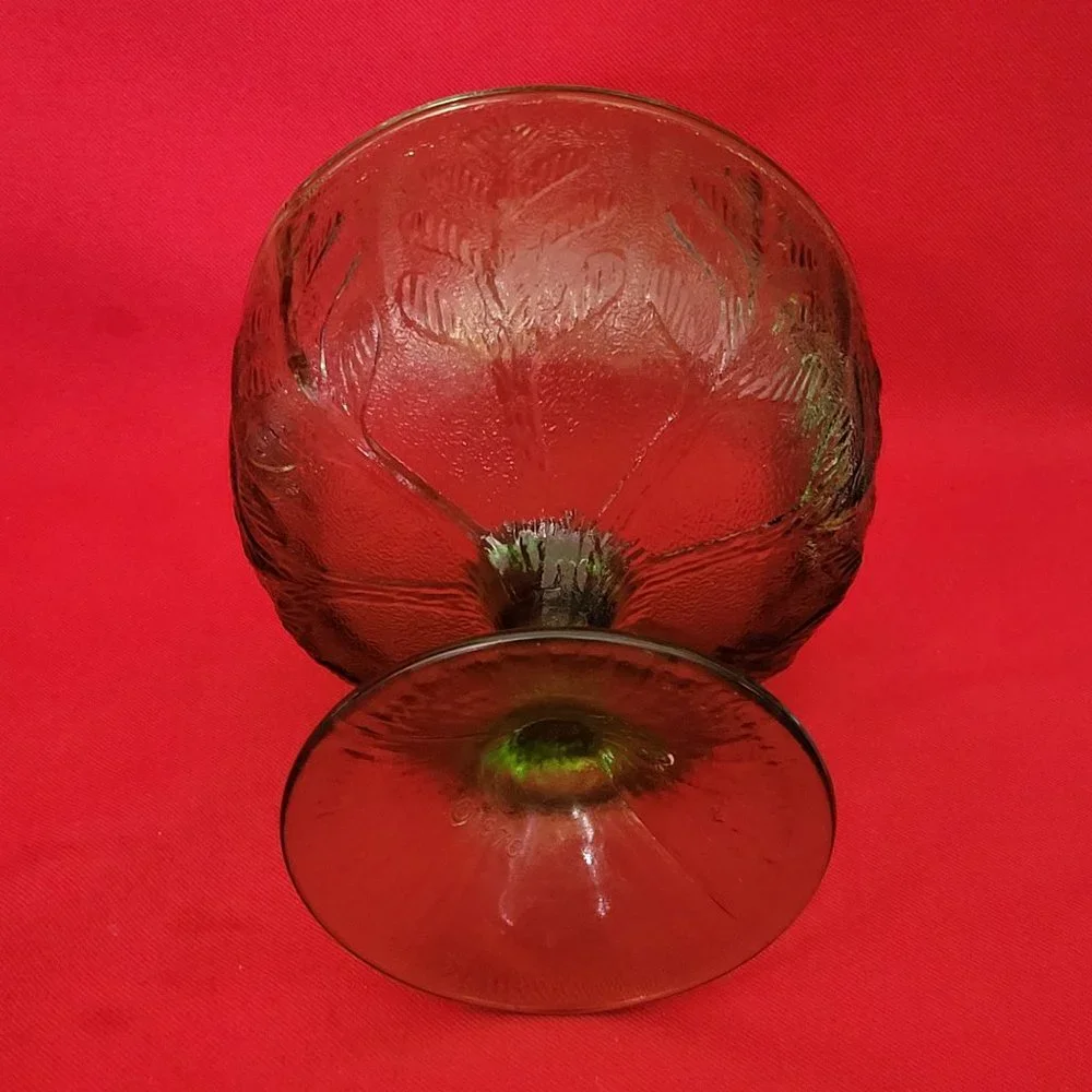 VTG FTD 1978 Green Glass Avocado Oak Leaf Pedestal Depression Bowl Dish